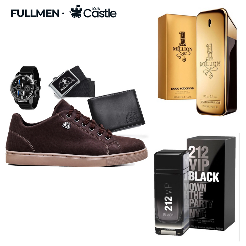 Kit FullMen - Tênis + Relógio + Carteira + Cinto + 2 Perfumes [TERMINA HOJE]